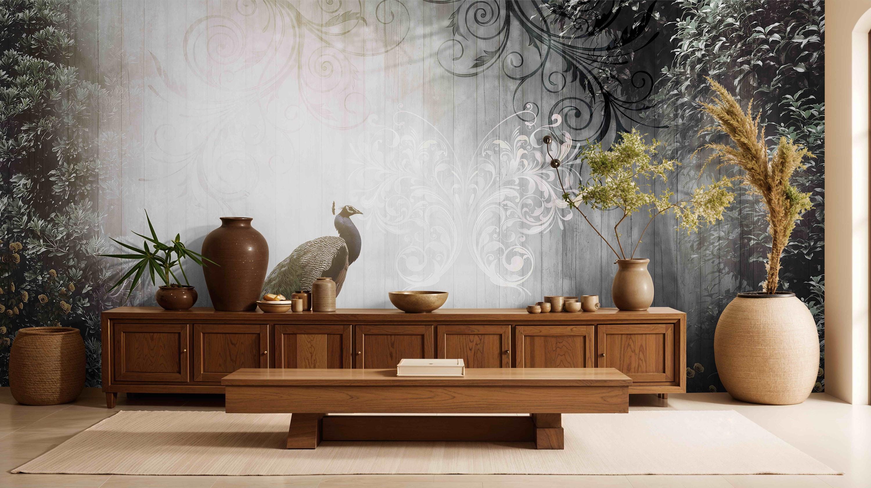 Mystical Peacock Mural A Serene Escape Peel and Stick Wallpaper