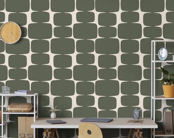 Olive Mid Century Rounded Squares, Peel and Stick wall paper