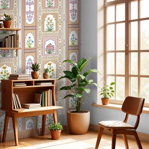 May include: A room with a light blue wall, a large window, a wooden chair, a wooden desk with books, and a potted plant. The wall is covered in a wallpaper with a repeating pattern of floral designs in a light pink, yellow, and blue color scheme.