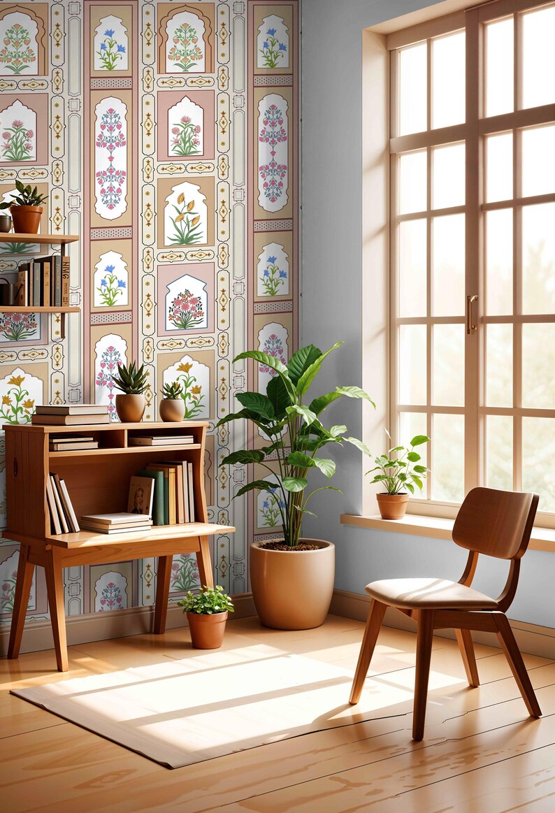 May include: A room with a light blue wall, a large window, a wooden chair, a wooden desk with books, and a potted plant. The wall is covered in a wallpaper with a repeating pattern of floral designs in a light pink, yellow, and blue color scheme.