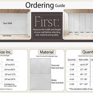 May include: A guide for ordering wallpaper, showing a diagram of a wall with measurements, a table of roll sizes based on wall height, a table of material options, and a table of quantity needed based on wall width. The standard width of the wallpaper rolls is 24 inches.