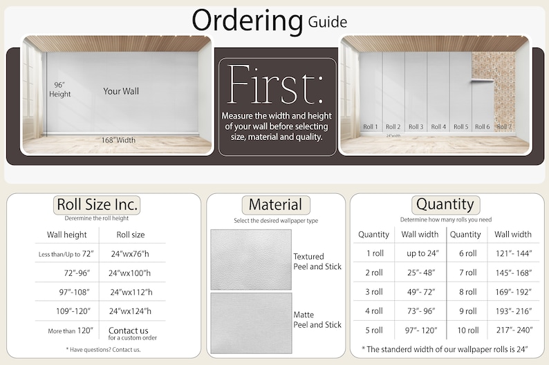 May include: A guide for ordering wallpaper, showing a diagram of a wall with measurements, a table of roll sizes based on wall height, a table of material options, and a table of quantity needed based on wall width. The standard width of the wallpaper rolls is 24 inches.