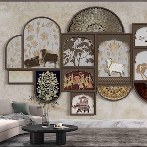 Carta da parati con collage di arte popolare indiana per pareti decorative della casa