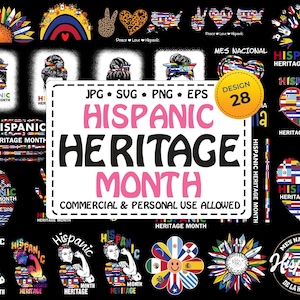 Könnte beinhalten: Ein digitaler Download von 28 Designs für den Hispanic Heritage Month. Die Designs zeigen eine Vielzahl von bunten Grafiken, darunter Flaggen, Herzen, Blumen und Text. Der Text beinhaltet "Hispanic Heritage Month", "Mes Nacional Hispana" und "Peace Love Hispanic".