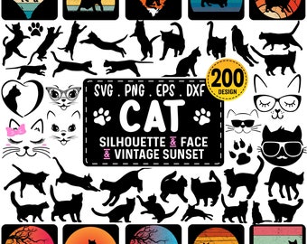 Silueta de gato SVG, gato svg, cabeza de gato svg, cara de gato svg, archivos de corte de gato, diseño de gato, gatito svg, vector de gato, atardecer vintage de gato, silueta de mascota