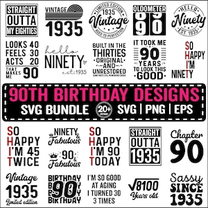Paquete SVG de 90 cumpleaños, ideas de regalos de cumpleaños vintage de 1935, noventa Svg para camisetas, archivos de corte Cricut Svg de Hola 90 cumpleaños Descarga instantánea