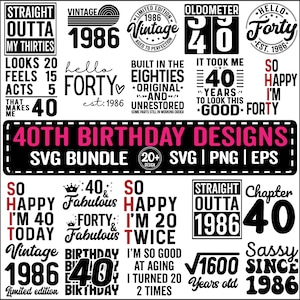 40e verjaardag SVG-bundel, vintage 1986 verjaardag cadeau-ideeën, veertig Svg voor shirts, Hallo 40 verjaardag Svg Cricut Cut-bestanden direct downloaden