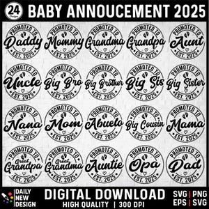Baby Reveal Announcement SVG Bundle, Promoted to Mommy Svg, Daddy est 2025 svg, Coming Soon Svg, Established Svg, Promoted to Shirts Png