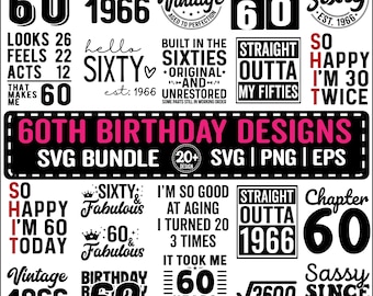 Paquete SVG de 60 cumpleaños, ideas de regalos de cumpleaños vintage de 1966, SVG de sesenta para camisetas, archivos de corte Cricut de "Hola 60 cumpleaños" con descarga instantánea