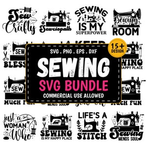 Puede incluir: Un paquete de diseño gráfico en blanco y negro con más de 15 diseños de SVG con temática de costura. Los diseños presentan máquinas de coser, tijeras, hilo y texto como "Sew Crafty", "Sewing is My Superpower" y "Sewing Mends Soul".
