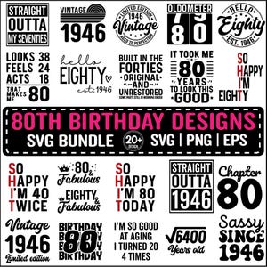 80歳の誕生日SVGバンドル、1946年のヴィンテージ誕生日プレゼントのアイデア、シャツ用80SVG、こんにちは80歳の誕生日SVG Cricutカットファイル、即時ダウンロード
