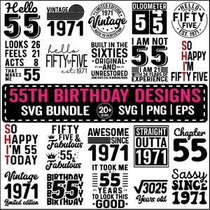 Paquete SVG de 55 cumpleaños, ideas de regalos de cumpleaños vintage de 1971, SVG de cincuenta y cinco para camisetas, archivos de corte Cricut para "Hola 55 cumpleaños" (PNG, EPS, SVG)