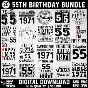 55th Birthday SVG Bundle, Vintage 1971 Designs (png, eps, svg)