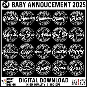 Baby Reveal Announcement SVG Bundle, Promoted to Mommy Svg, Daddy est 2025 svg, Coming Soon Svg, Established Svg, Promoted to Shirts Png