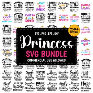 Cumpleaños Princesa SVG Paquete, Princesa y Princesas SVG Paquete, Princesa Divertida Png, Princesa Silueta PNG Paquete Archivos Digitales svg Cricut