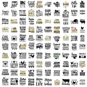 May include: A collection of 64 black and white farm-themed SVG cut files. The designs feature various farm animals, including cows, chickens, pigs, and tractors. The text includes phrases like "Farm Life", "Bless This Farm", and "Farmer's Market".