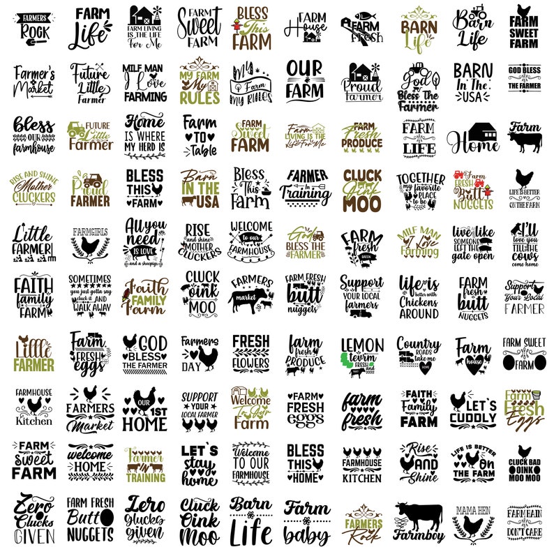 May include: A collection of 64 black and white farm-themed SVG cut files. The designs feature various farm animals, including cows, chickens, pigs, and tractors. The text includes phrases like "Farm Life", "Bless This Farm", and "Farmer's Market".