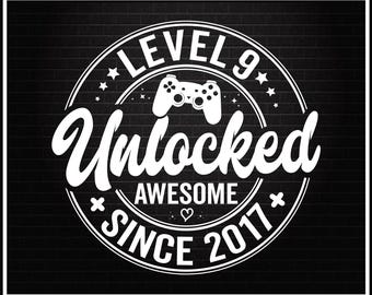 Level 9 ontgrendeld SVG, geweldig sinds 2017 SVG, 9 jaar oud cadeau, 9e verjaardag grappige videogameliefhebber, gaming gamer verjaardag png voor shirt