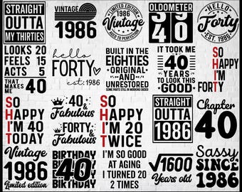 40th Birthday SVG Bundle, Vintage 1986 Designs (Digital Download)
