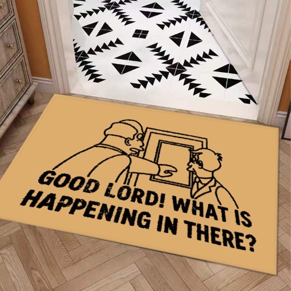 Felpudo divertido personalizado de Good Lord What Is Happening In There con diseño único y respaldo antideslizante para regalo de inauguración de la casa o decoración de entrada