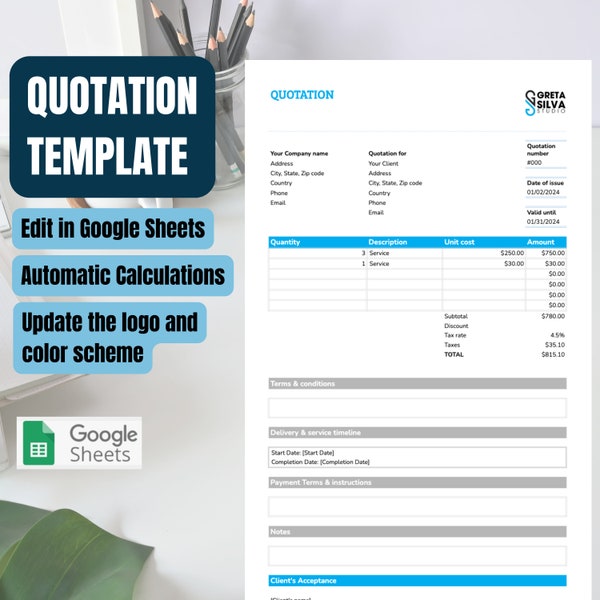 Quotation Template | Editable in Google sheets | Automatic calculations | Print to paper or pdf | Effortless Quoting Made Simple