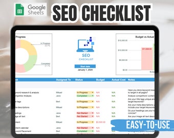 Lista de verificación y guía de SEO - Optimización de motores de búsqueda - Aumente el tráfico del sitio web 2025 / Plantilla de planificador de SEO de Google Sheets