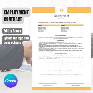 Arbeitsvertrag Vorlage | In Canva | bearbeiten Mitarbeiter Vereinbarung Vorlage druckbar, anpassbar, bearbeitbar, print to PDF