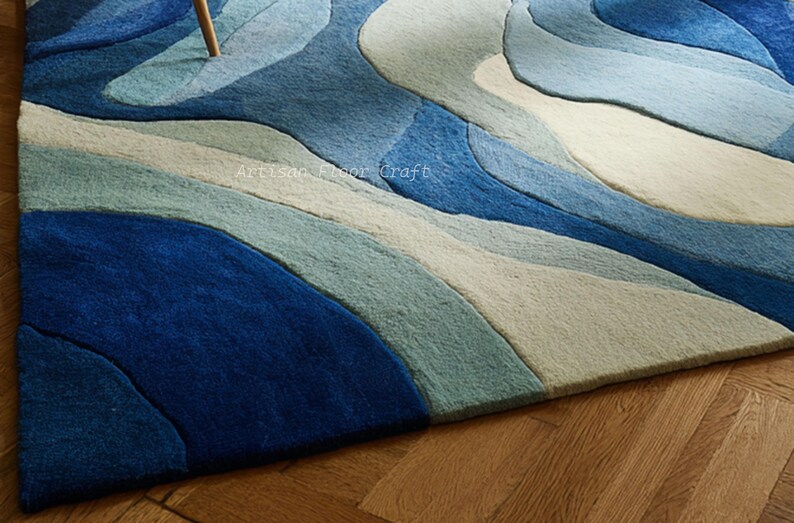 Modern Abstract Hand Tufted Wool Rug With Flowing Wave Design in Blue ...