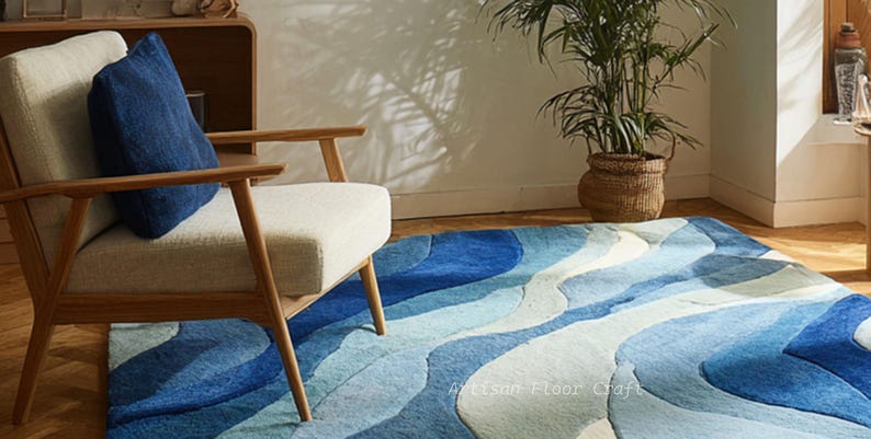 Modern Abstract Hand Tufted Wool Rug With Flowing Wave Design in Blue ...
