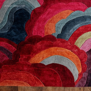 Modern Abstract Hand Tufted Wool Rug, Multicolor Rainbow Pattern Designer Area Rug for Living Room, Bedroom & Stylish Home Decor