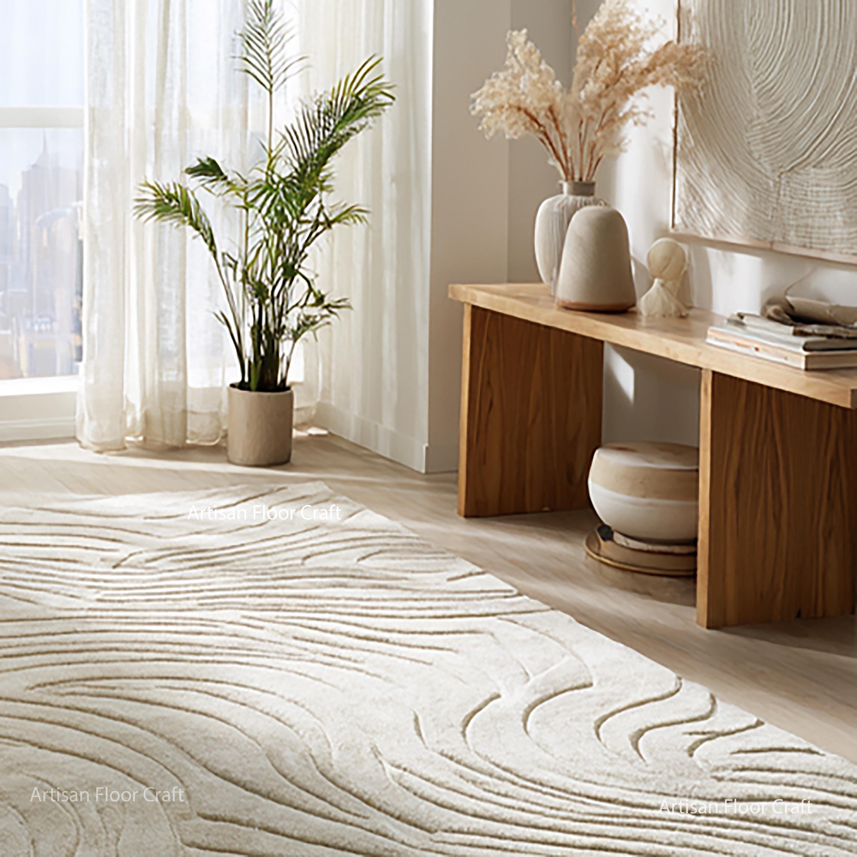 Modern Hand Tufted Wool Rug With Abstract Wave Texture – Minimal Ivory ...