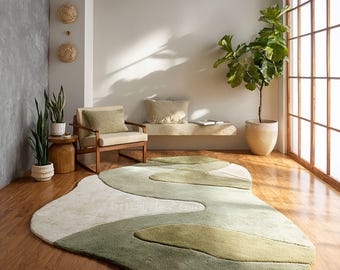 Modern Organic Shape Hand Tufted Wool Rug in Soft Green & Ivory Tones – Contemporary Abstract Designer Area Rug.