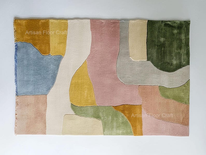 Pastel Multicolor Abstract Shape Rug Hand Tufted Wool Modern Artistic ...