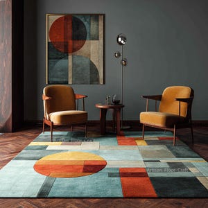Hand Tufted Wool Rug, Geometric Abstract Multicolor Design