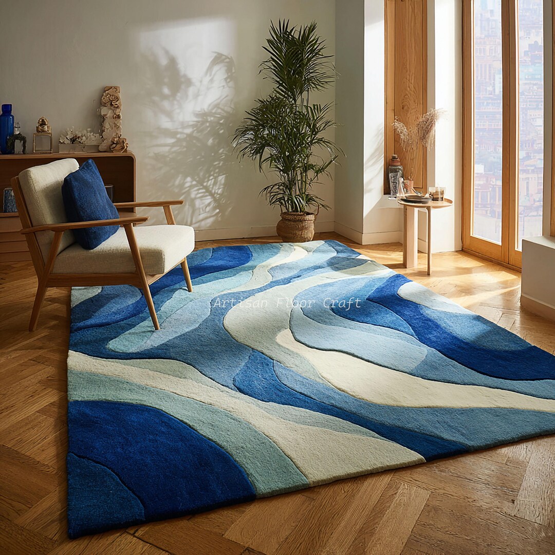 Modern Abstract Hand Tufted Wool Rug With Flowing Wave Design in Blue ...