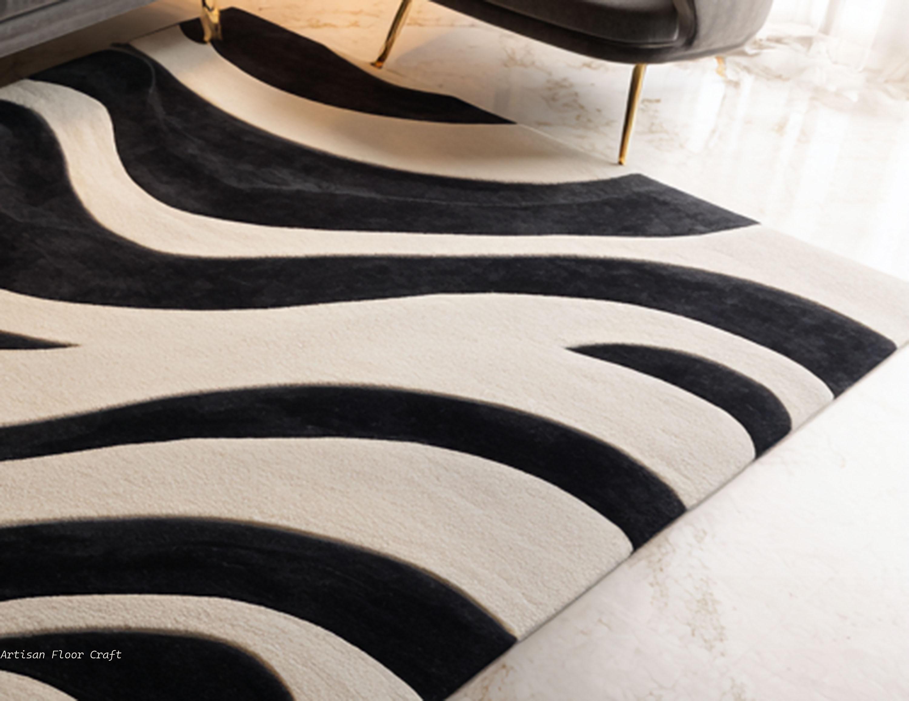 Modern Hand Tufted Wool Rug With Abstract Wave Pattern in Black & Ivory ...