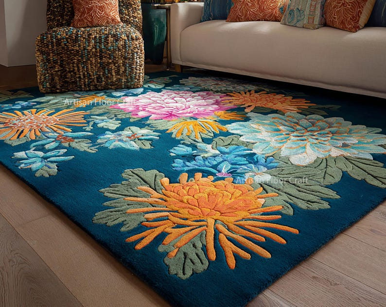 Hand Tufted Floral Wool Rug in Blue With Multicolor Flowers – Modern ...