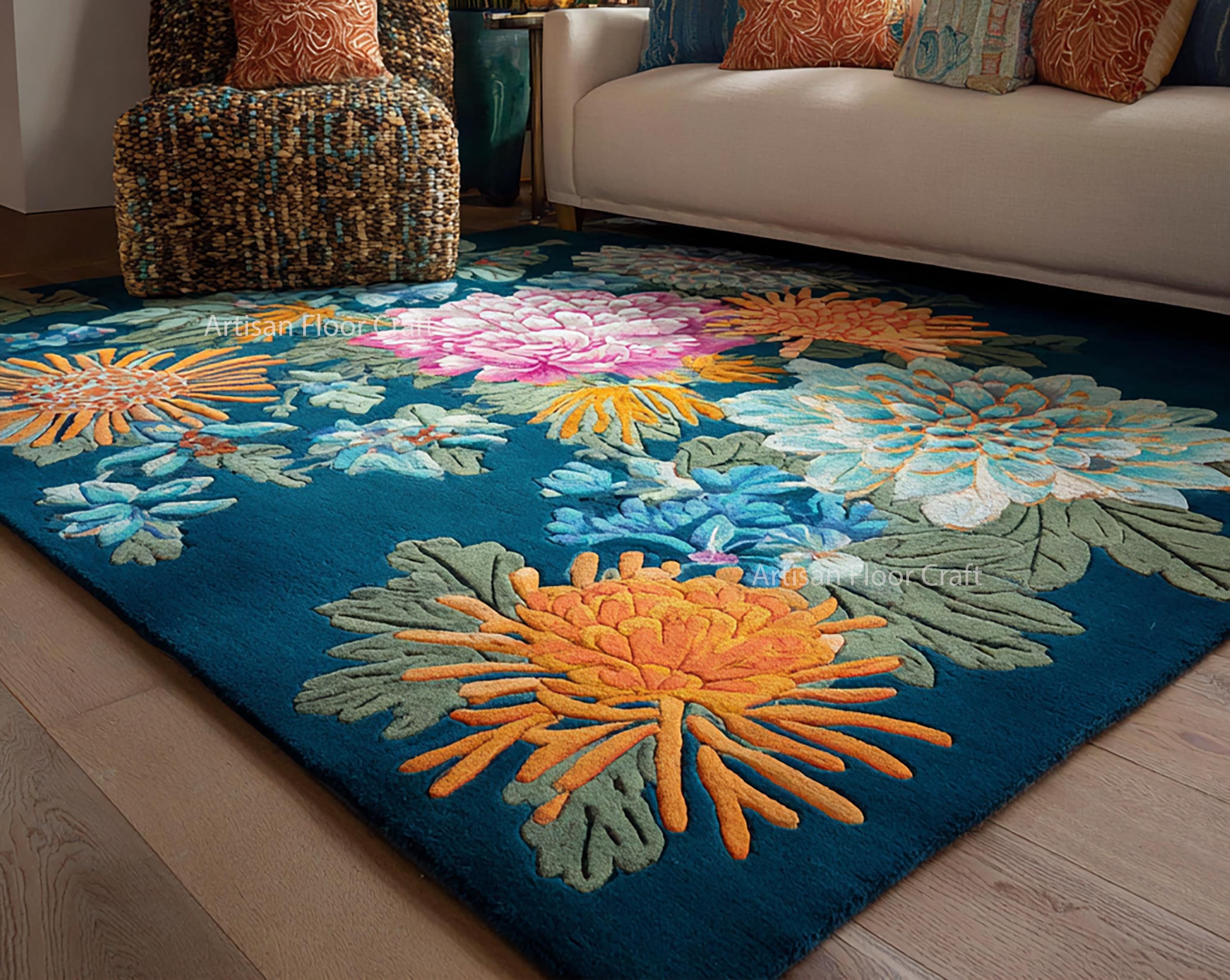 Hand Tufted Floral Wool Rug in Blue With Multicolor Flowers – Modern ...
