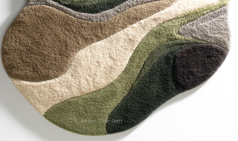 May include: A soft, abstract rug with a unique, organic shape. The rug features a layered design with wavy bands of color, including shades of brown, beige, green, and black. The texture appears plush and inviting, suitable for a living space.