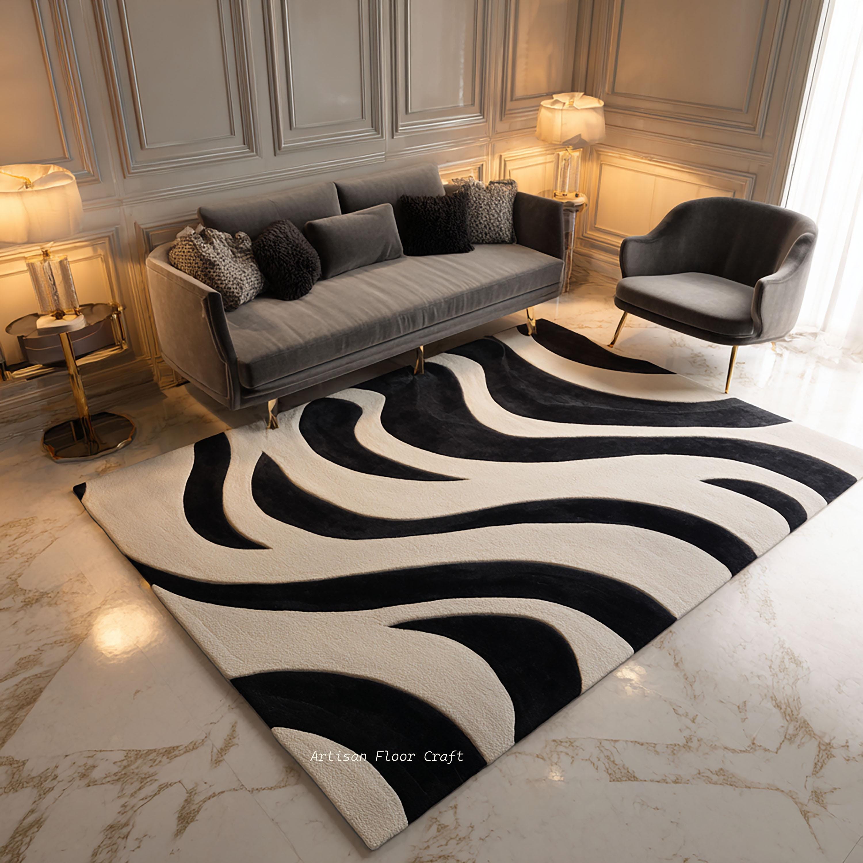Modern Hand Tufted Wool Rug With Abstract Wave Pattern in Black & Ivory ...