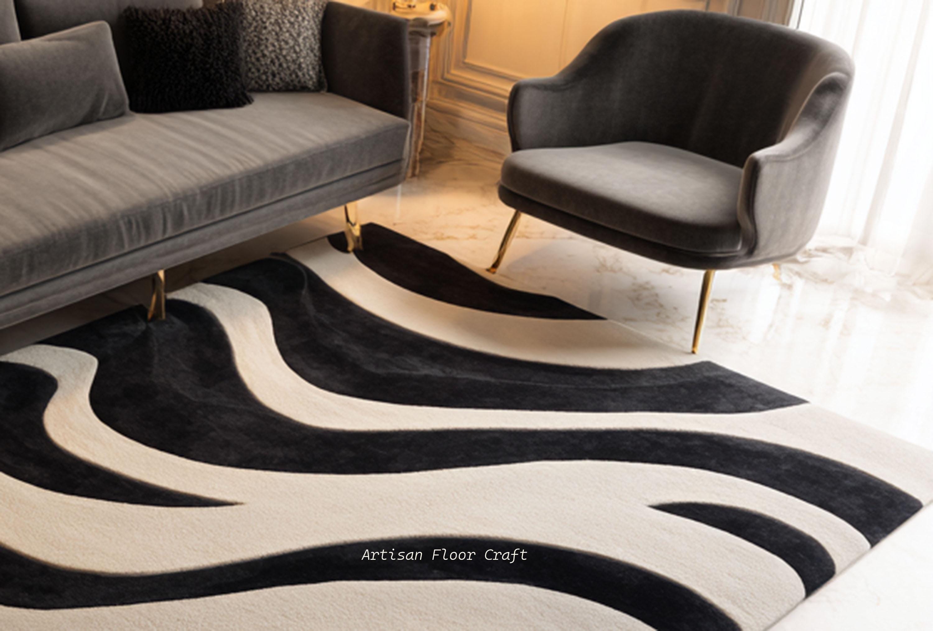 Modern Hand Tufted Wool Rug With Abstract Wave Pattern in Black & Ivory ...