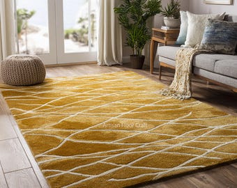 Modern Mustard Yellow Hand Tufted Wool Rug with Abstract White Lines – Contemporary Area Carpet for Living Room Decor.