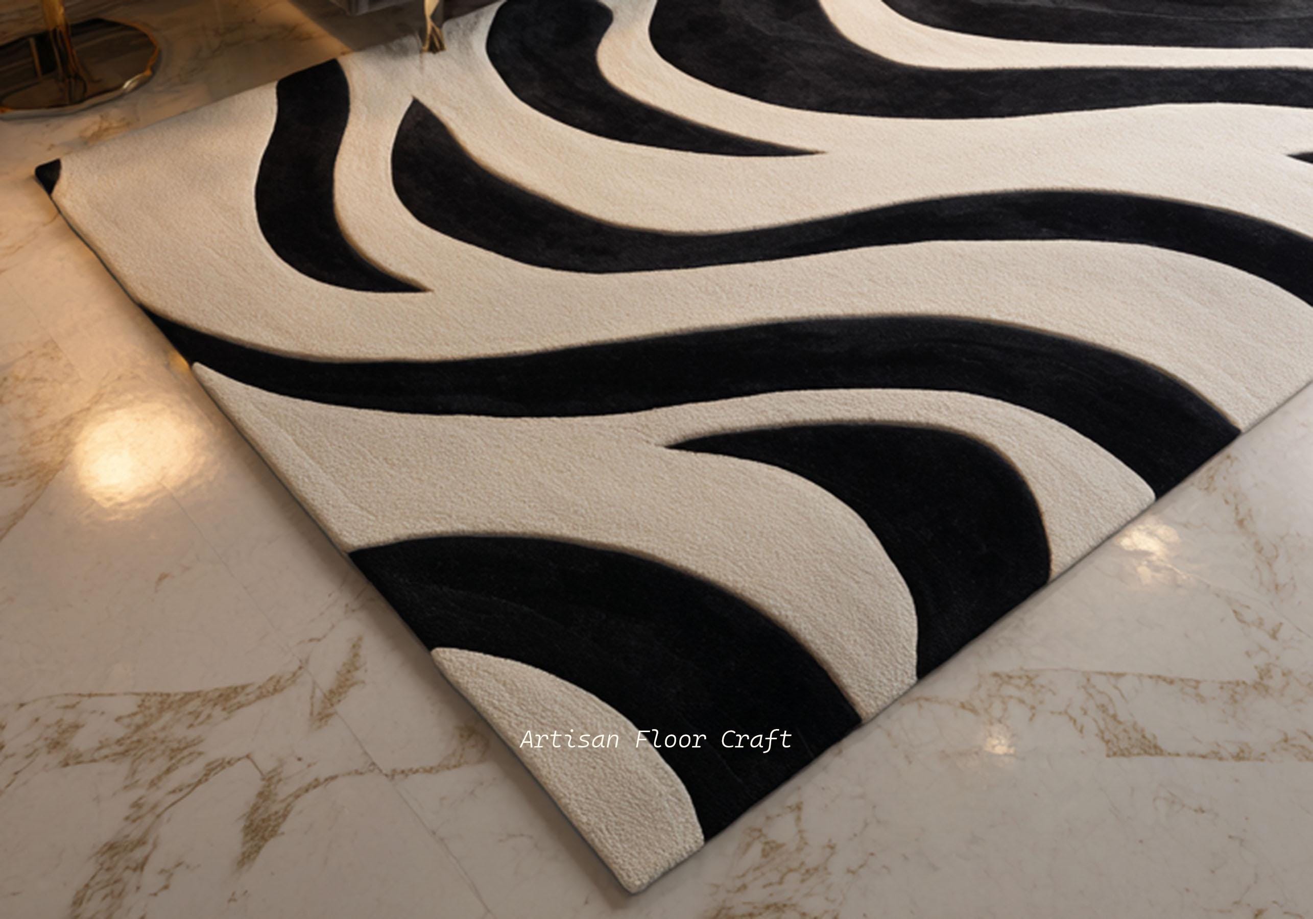 Modern Hand Tufted Wool Rug With Abstract Wave Pattern in Black & Ivory ...