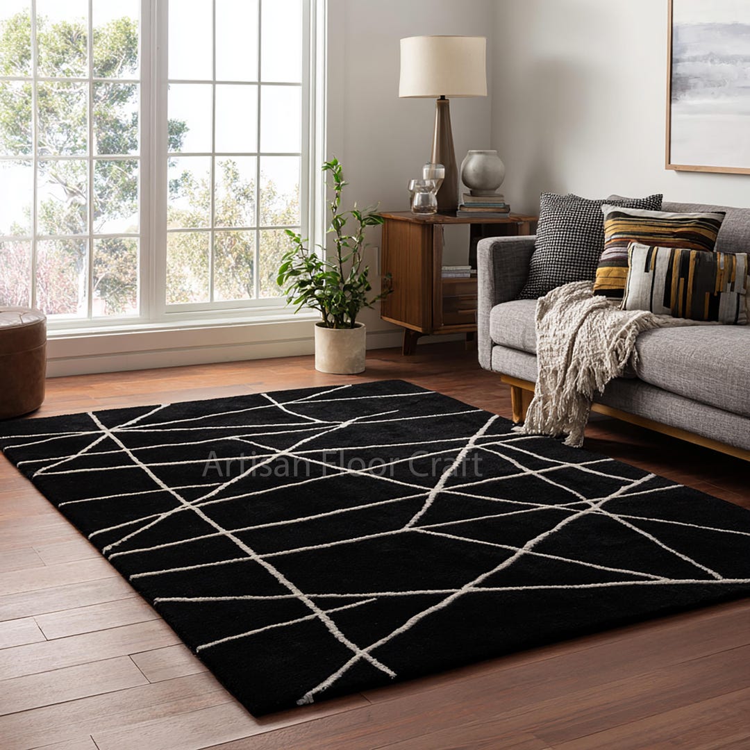Modern Black Geometric Hand-tufted Rug, Artisanal Wool Blend Area Rug ...