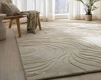 Modern Hand Tufted Wool Rug with Abstract Wave Texture – Minimal Ivory Area Carpet for Living Room, Bedroom & Calm Home Decor.
