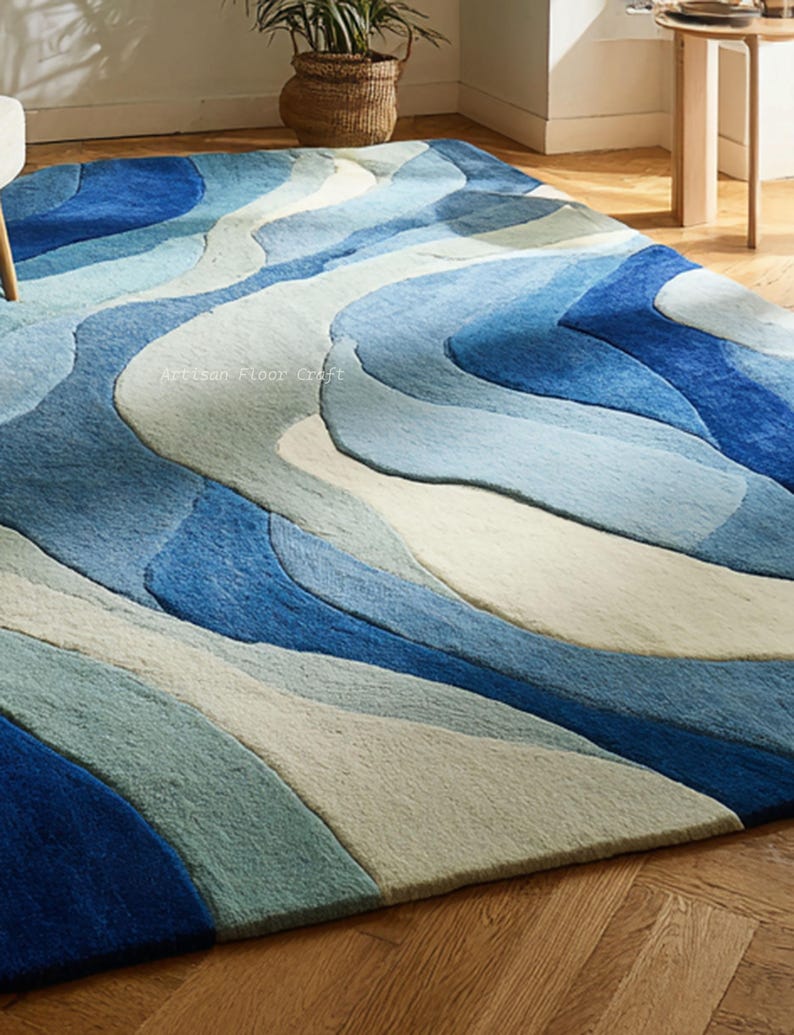 Modern Abstract Hand Tufted Wool Rug With Flowing Wave Design in Blue ...
