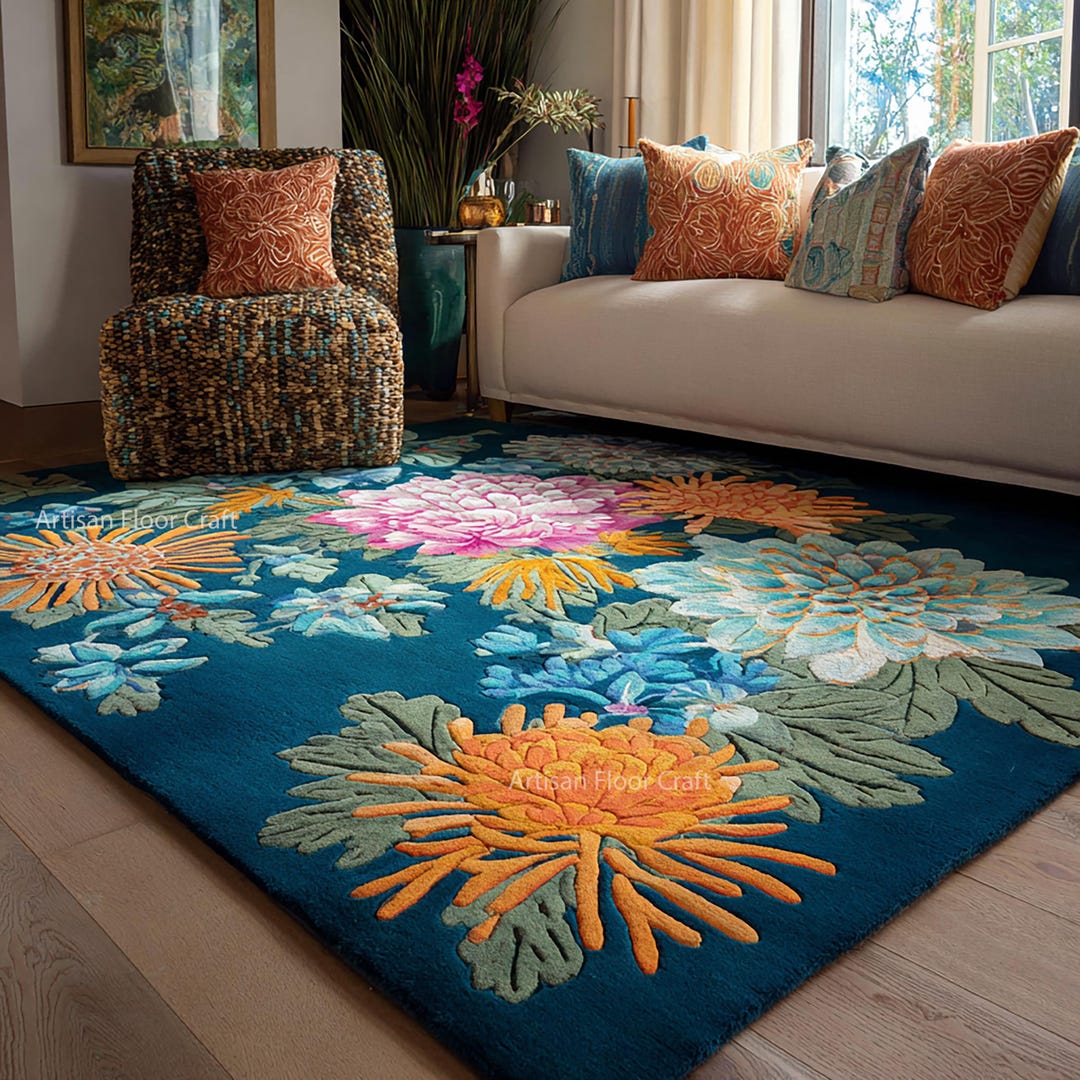 Hand Tufted Floral Wool Rug in Blue With Multicolor Flowers – Modern ...