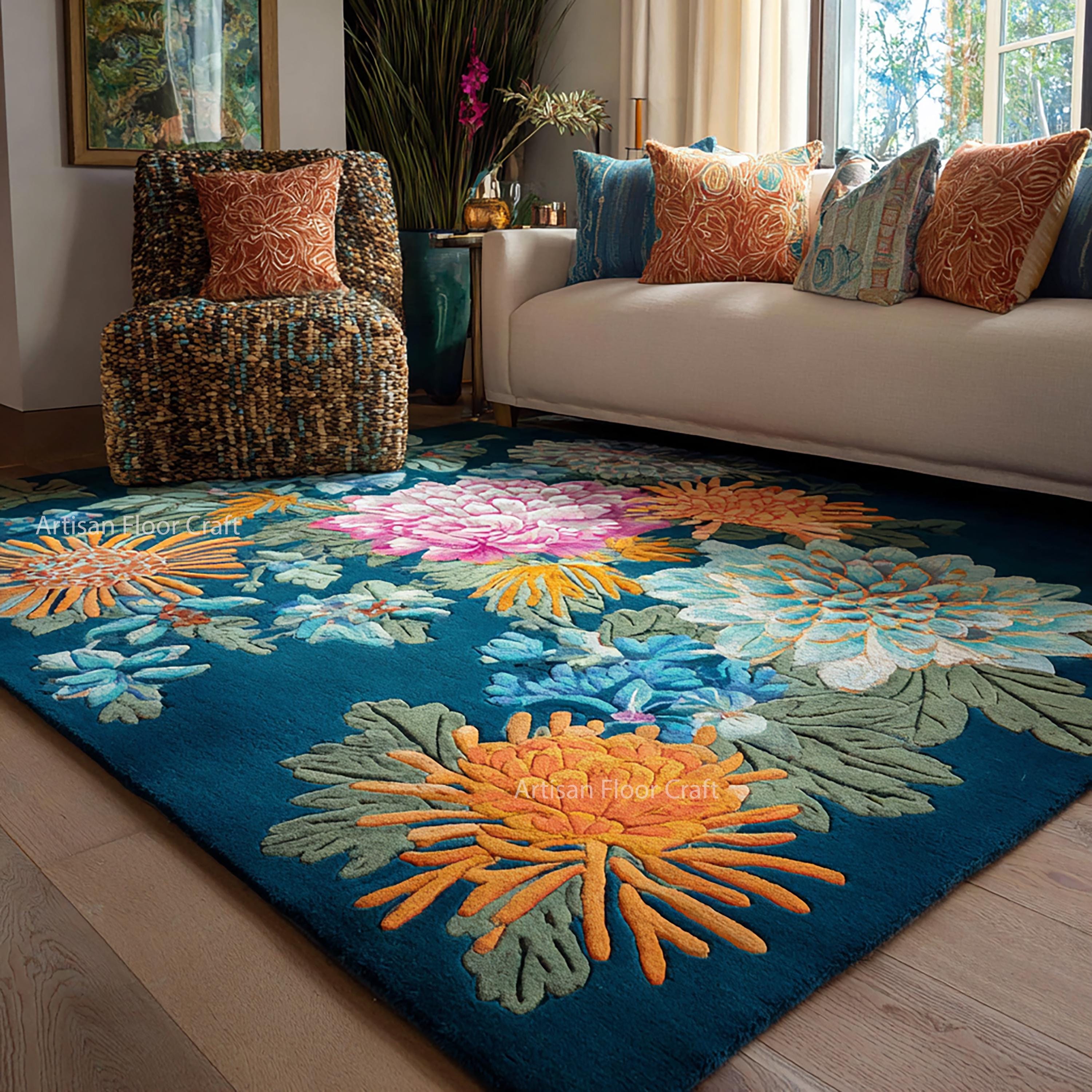 Hand Tufted Floral Wool Rug in Blue With Multicolor Flowers – Modern ...