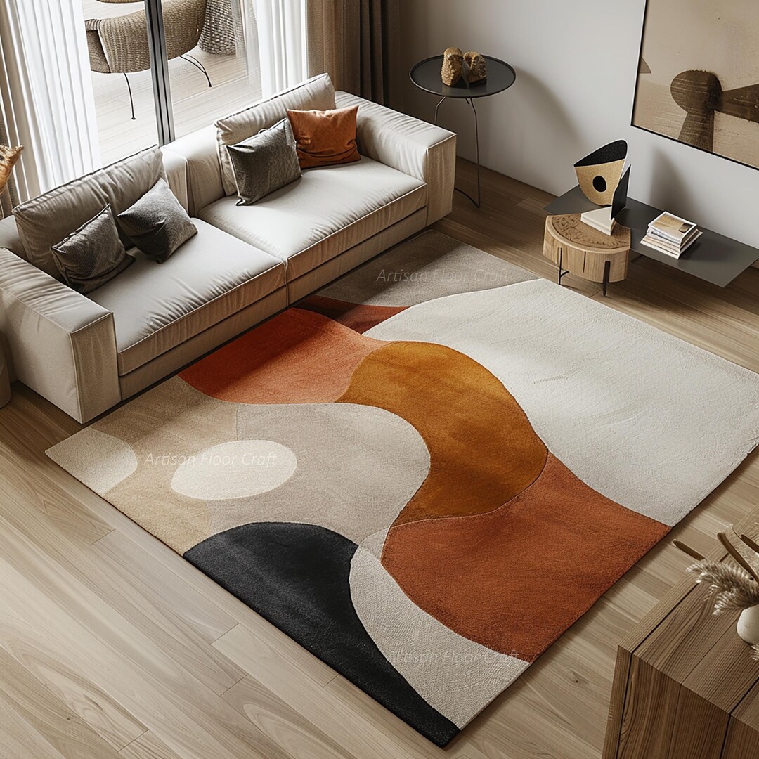 Modern Abstract Hand Tufted Wool Rug – Beige, Rust & Black Geometric ...