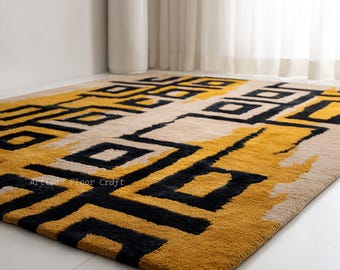 Modern Geometric Hand Tufted Wool Rug in Mustard Yellow, Black & Ivory – Contemporary Abstract Area Rug for Living Room.